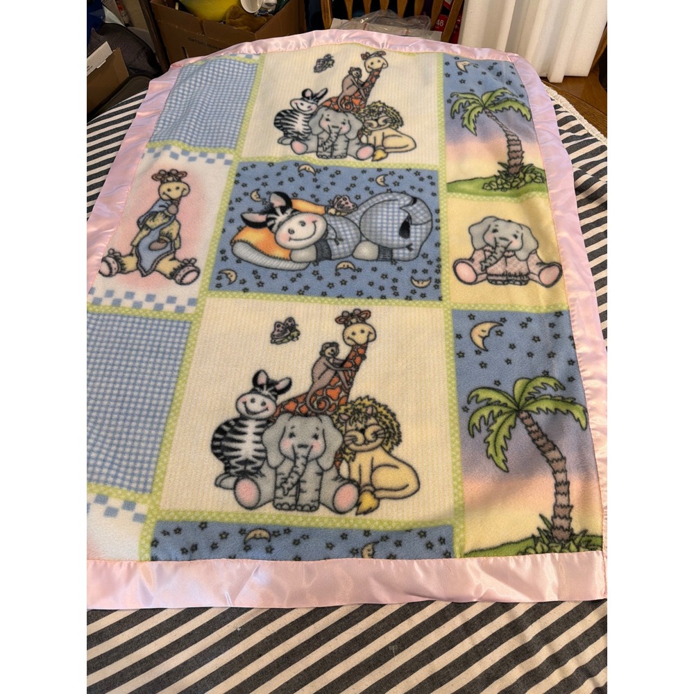 Jungle Safari Animal Patchwork Baby Blanket Pink Satin Trim Fleece Blue Yellow